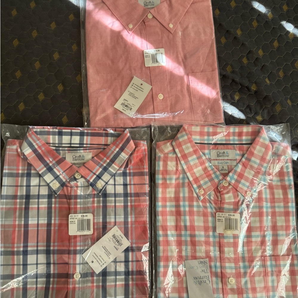 3 Croft & Barrow Men's Pink and Plaid Button Down Shirts